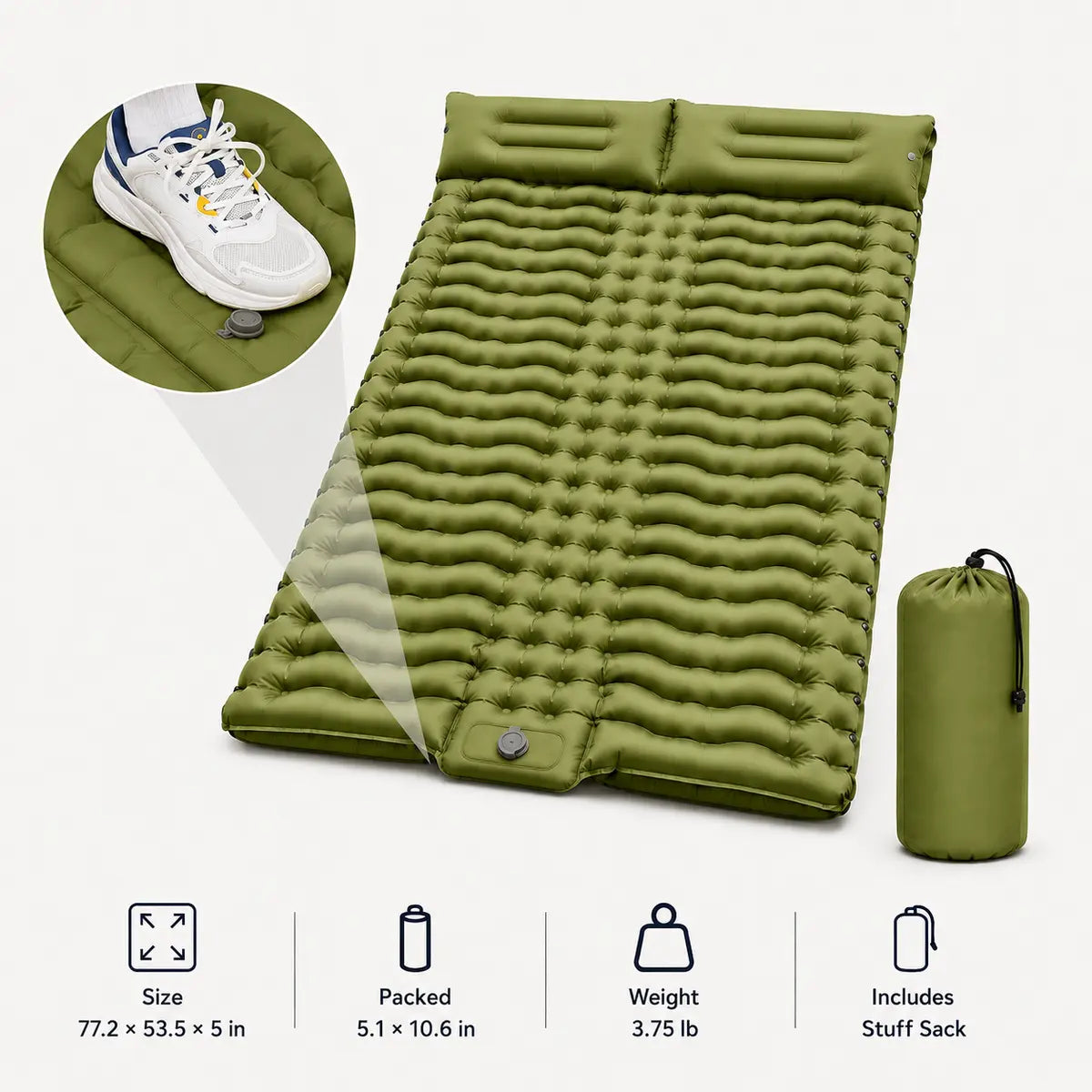 5” Inflatable Camping Sleeping Pad with Pillow – Ultralight & Compact for Hiking and Travel