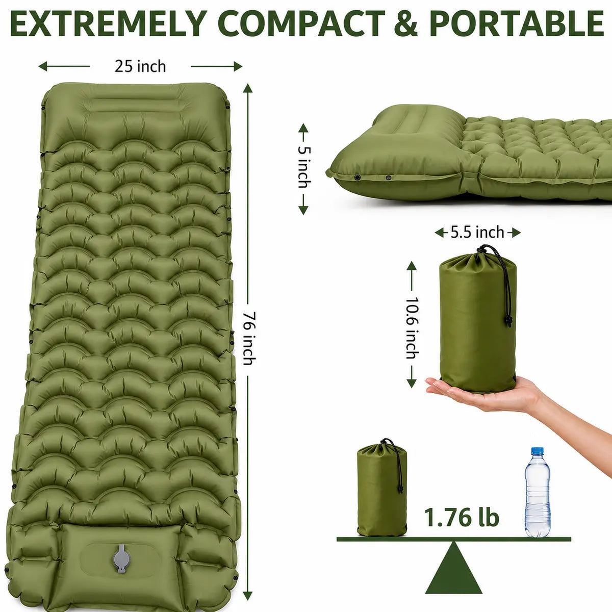 5” Inflatable Camping Sleeping Pad with Pillow – Ultralight & Compact for Hiking and Travel