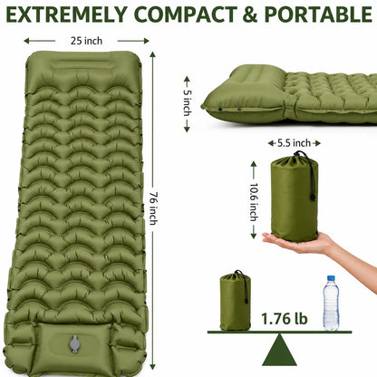 5” Inflatable Camping Sleeping Pad with Pillow – Ultralight & Compact for Hiking and Travel