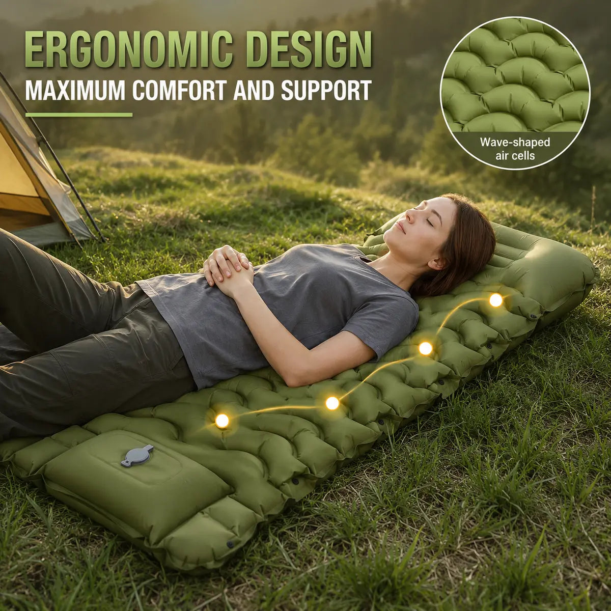 5” Inflatable Camping Sleeping Pad with Pillow – Ultralight & Compact for Hiking and Travel