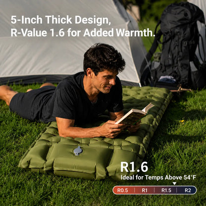 5” Inflatable Camping Sleeping Pad with Pillow – Ultralight & Compact for Hiking and Travel