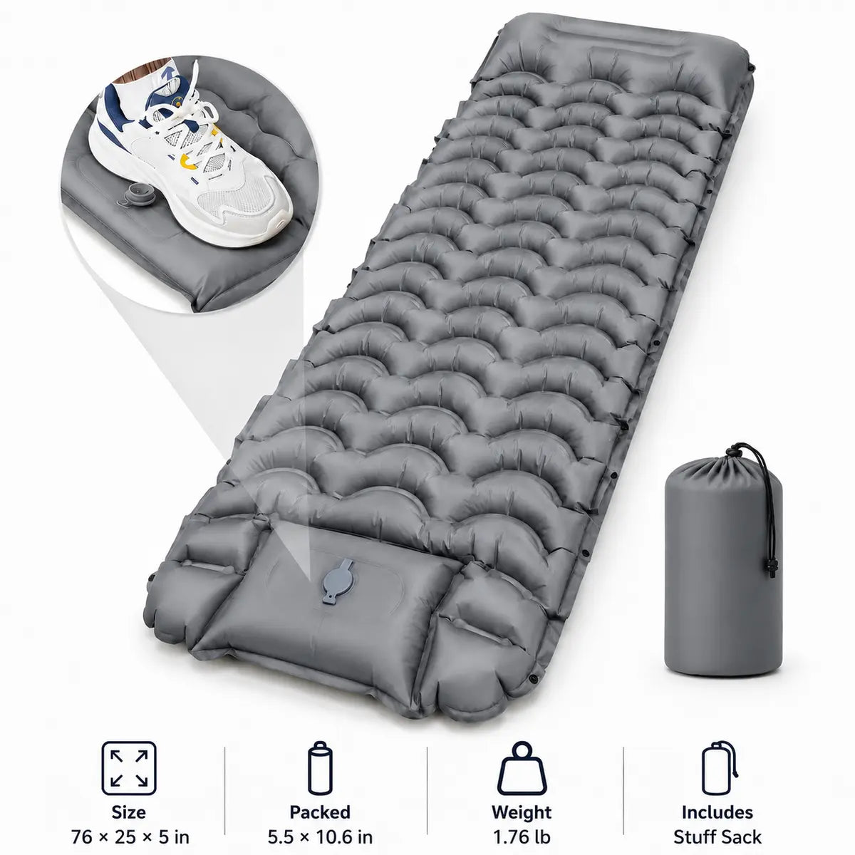 5” Inflatable Camping Sleeping Pad with Pillow – Ultralight & Compact for Hiking and Travel