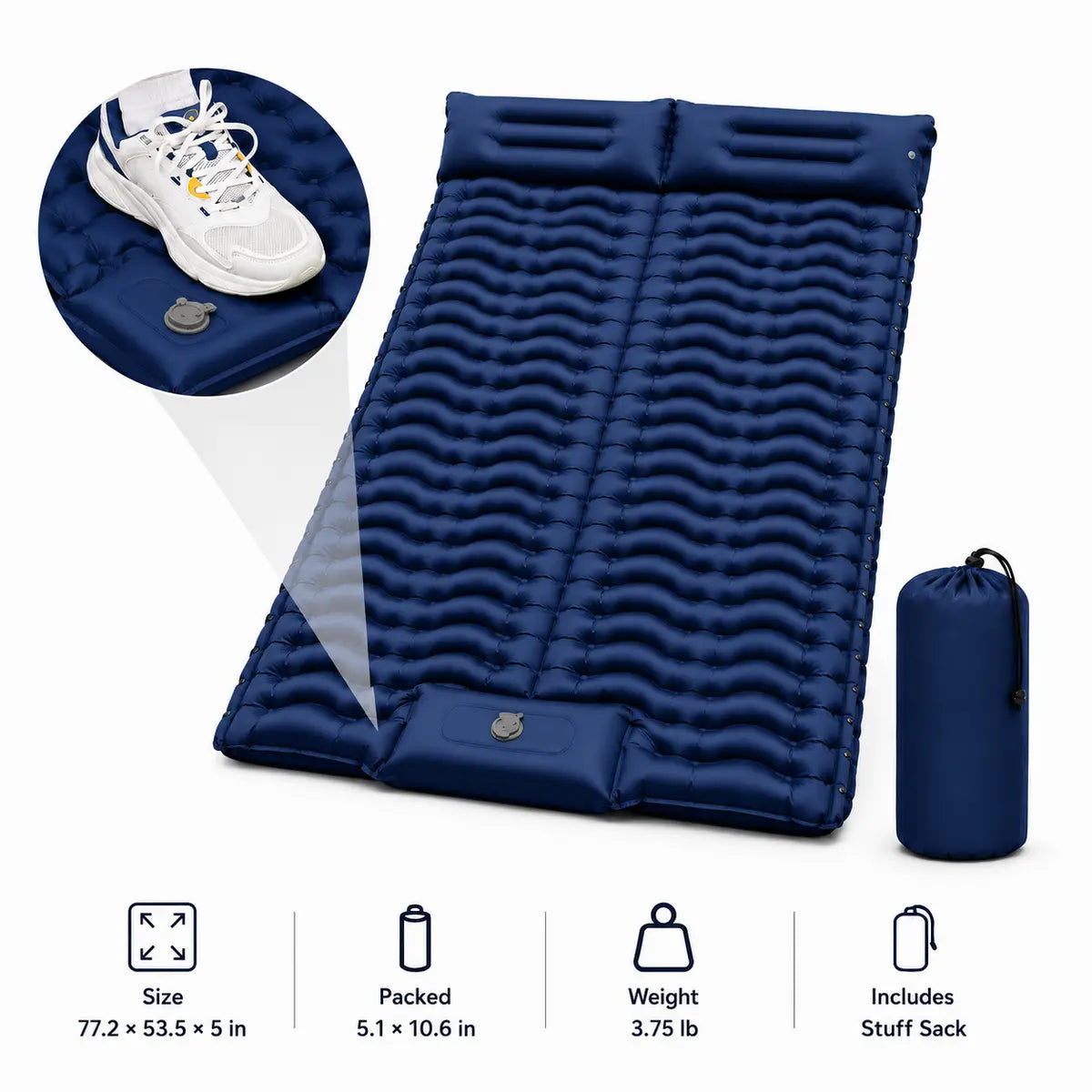 5” Inflatable Camping Sleeping Pad with Pillow – Ultralight & Compact for Hiking and Travel